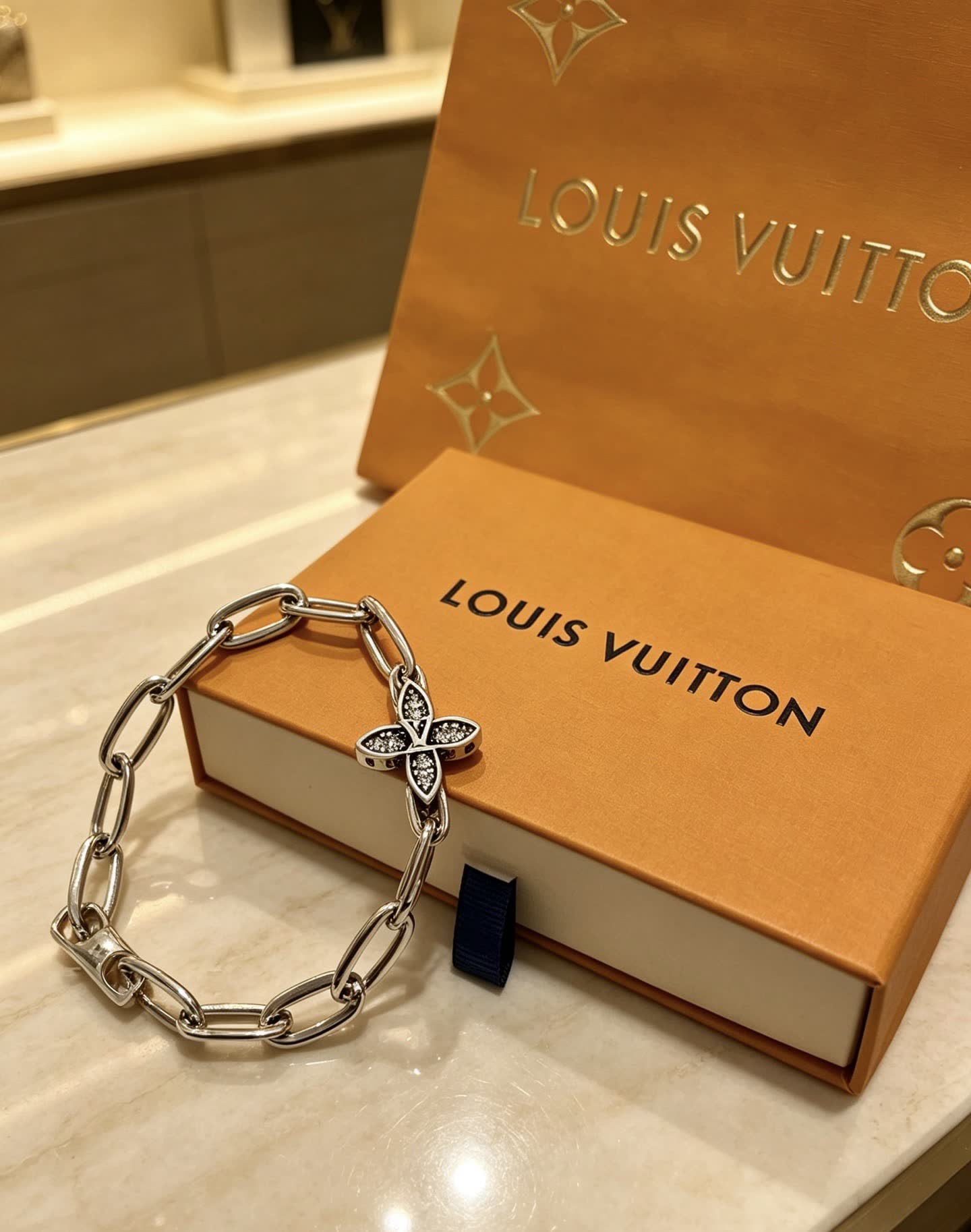 Louis Vuitton Silver Bracelet with Monogram Flower Charm